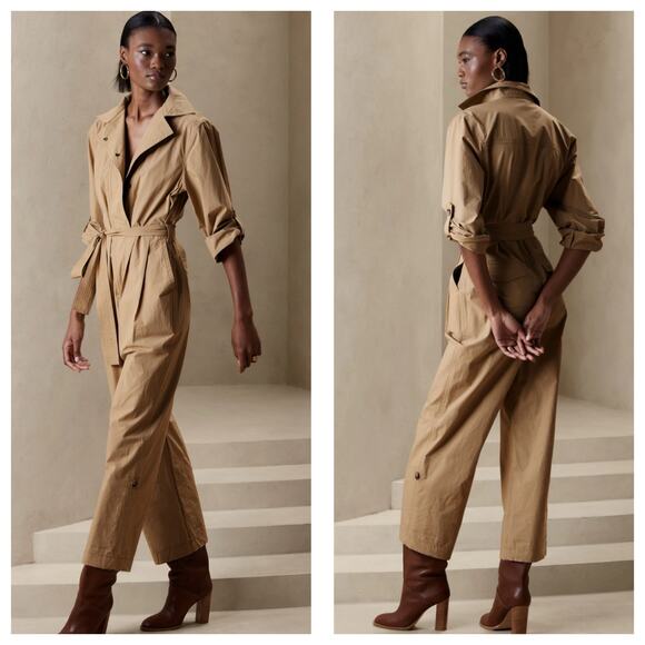 Banana Republic Poplin Jumpsuit Size Small Utility Tan Flightsuit Oversized Chic - Picture 1 of 14